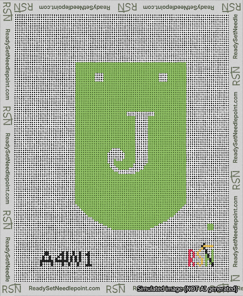 A taped needlepoint canvas with the design: Banner 13 mesh count Curved J White on Light Green.