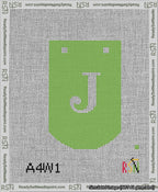 A taped needlepoint canvas with the design: Banner 13 mesh count Curved J White on Light Green.
