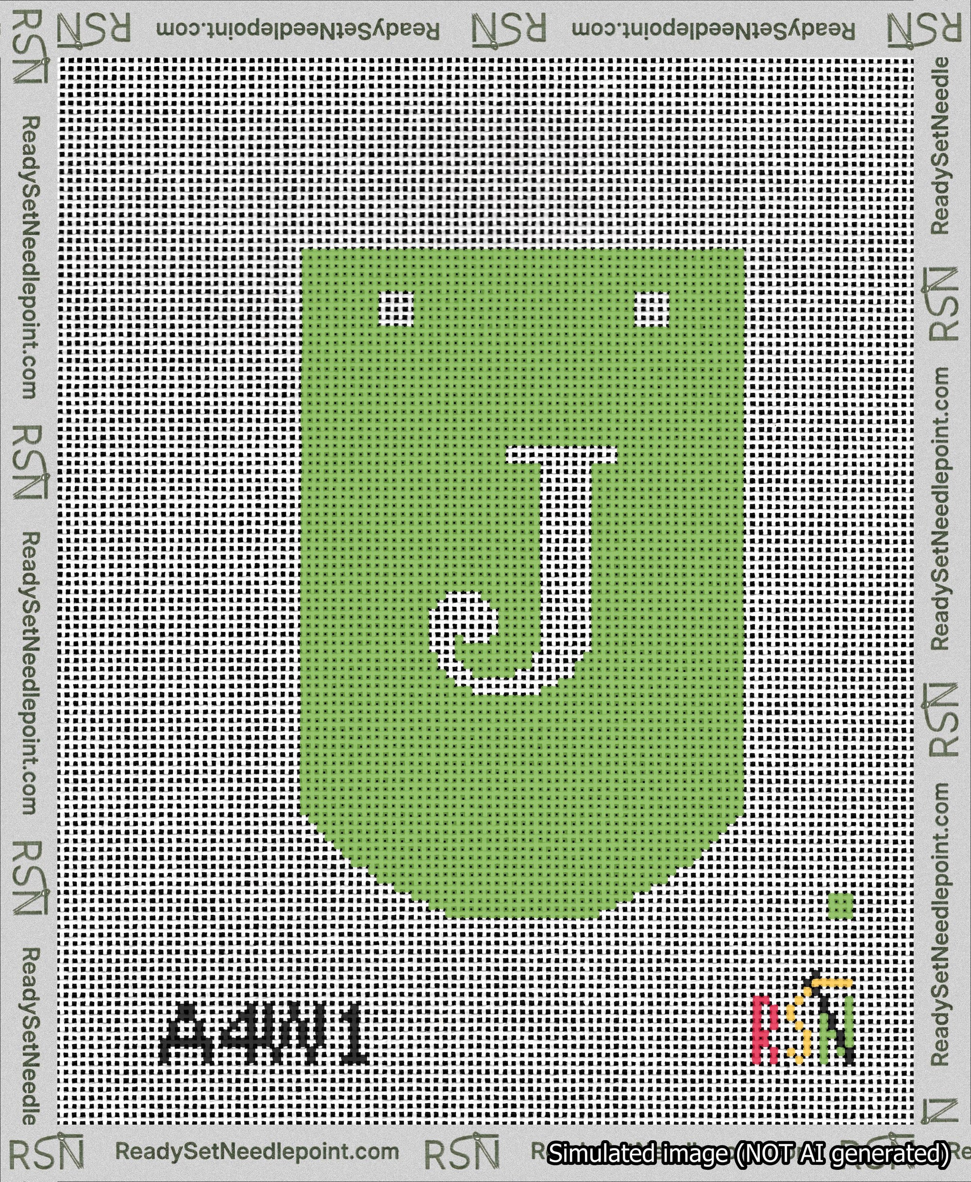 A taped needlepoint canvas with the design: Banner 13 mesh count Curved J White on Light Green.