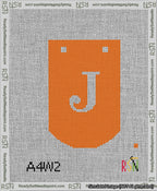 A taped needlepoint canvas with the design: Banner 13 mesh count Curved J White on Orange.