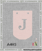 A taped needlepoint canvas with the design: Banner 13 mesh count Curved J White on Pink.