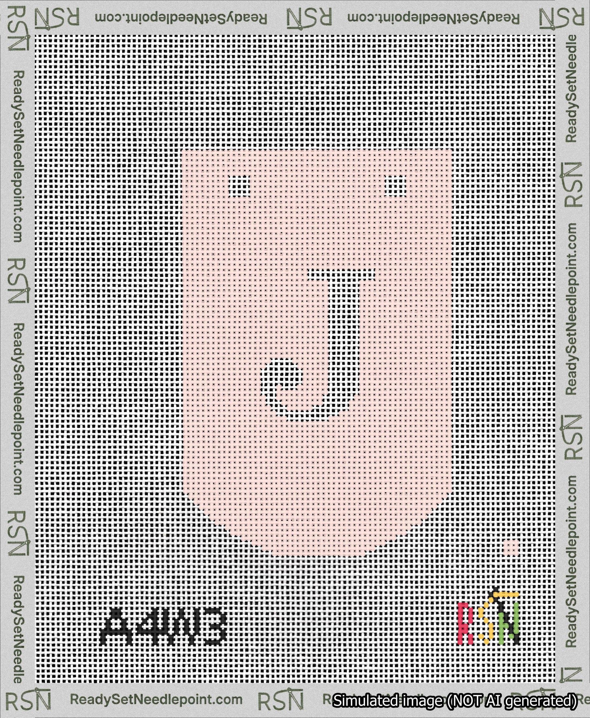 A taped needlepoint canvas with the design: Banner 13 mesh count Curved J White on Pink.