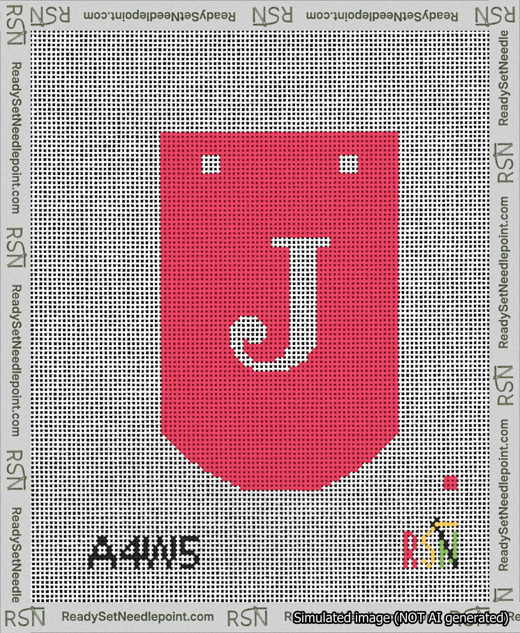A taped needlepoint canvas with the design: Banner 13 mesh count Curved J White on Red.