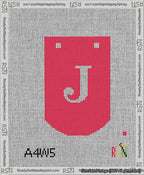 A taped needlepoint canvas with the design: Banner 13 mesh count Curved J White on Red.