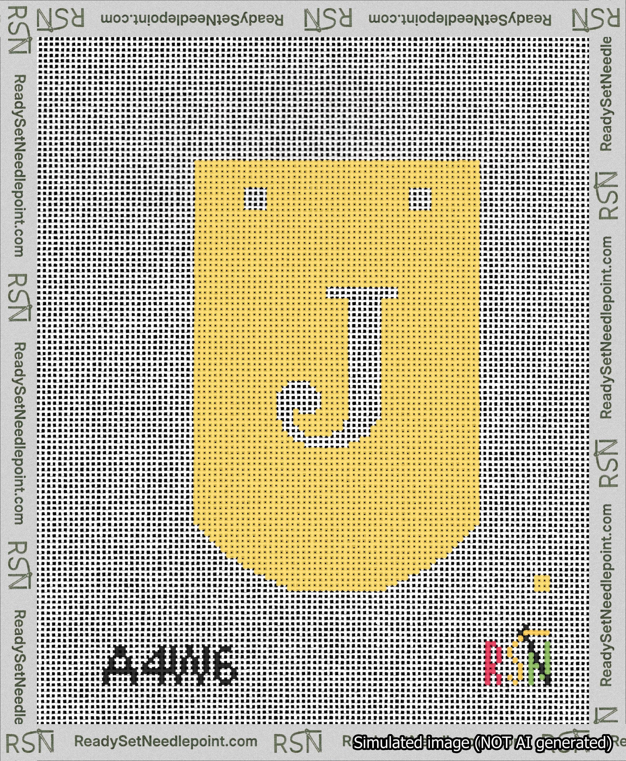 A taped needlepoint canvas with the design: Banner 13 mesh count Curved J White on Yellow.