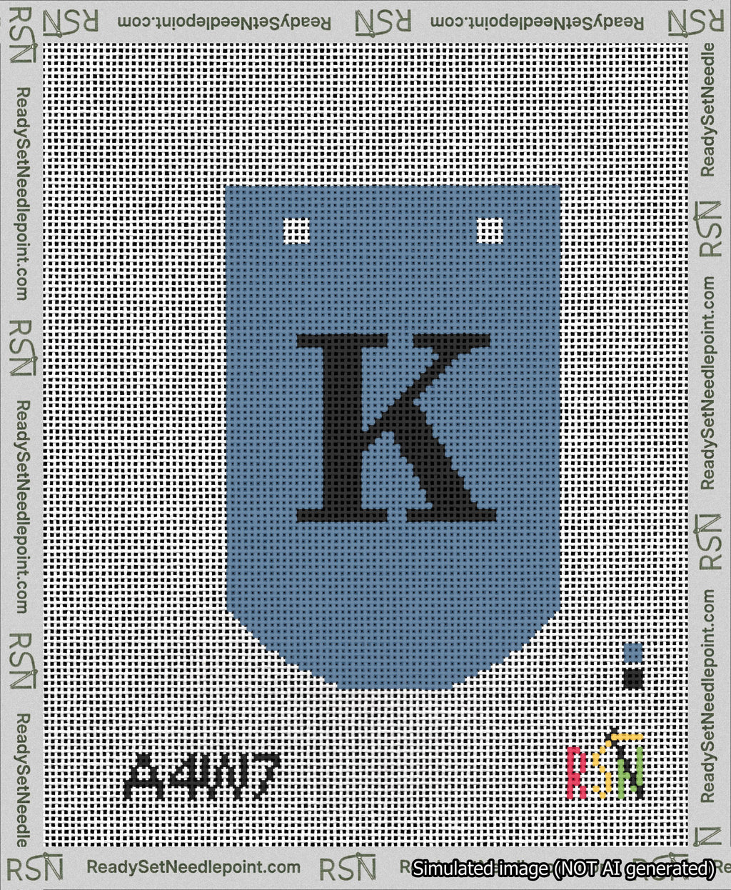 A taped needlepoint canvas with the design: Banner 13 mesh count Curved K Black on Blue.