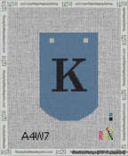 A taped needlepoint canvas with the design: Banner 13 mesh count Curved K Black on Blue.