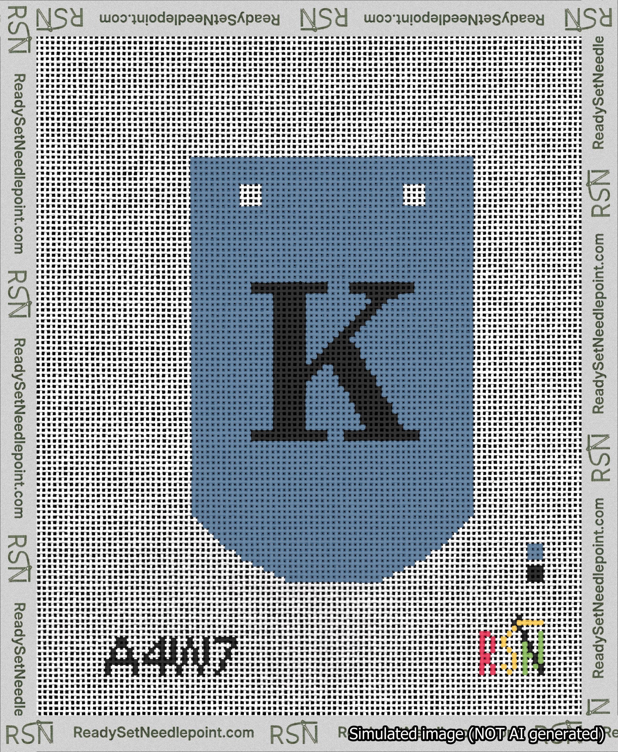 A taped needlepoint canvas with the design: Banner 13 mesh count Curved K Black on Blue.
