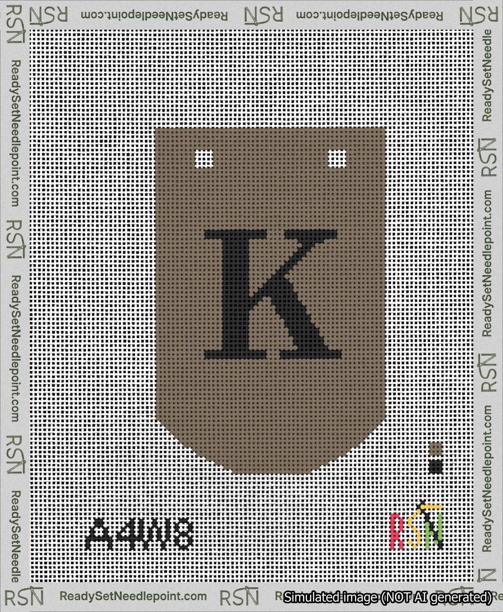 A taped needlepoint canvas with the design: Banner 13 mesh count Curved K Black on Brown.