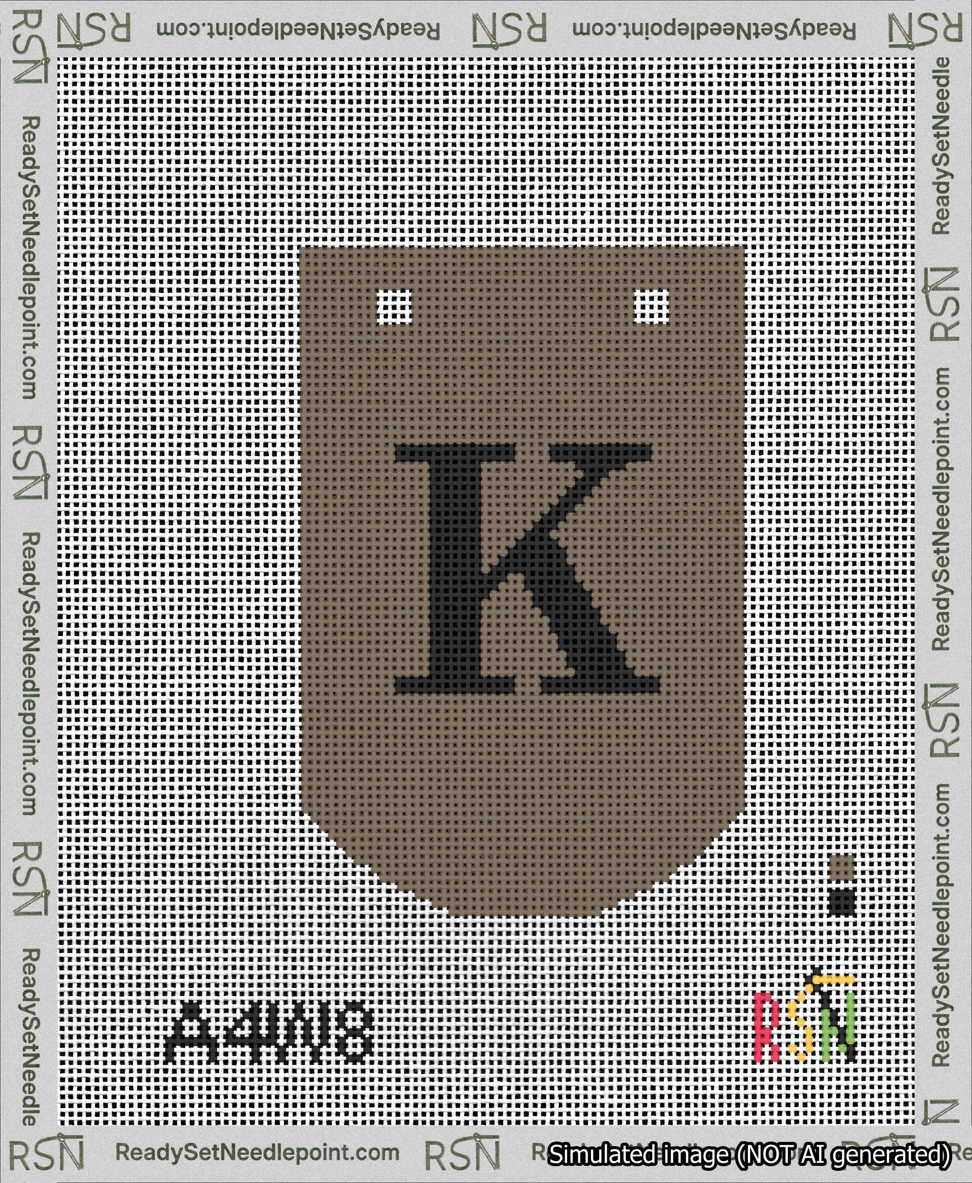 A taped needlepoint canvas with the design: Banner 13 mesh count Curved K Black on Brown.