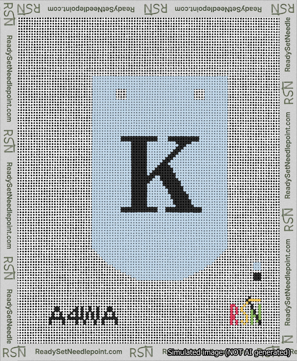 A taped needlepoint canvas with the design: Banner 13 mesh count Curved K Black on Light Blue.