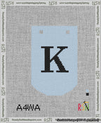 A taped needlepoint canvas with the design: Banner 13 mesh count Curved K Black on Light Blue.