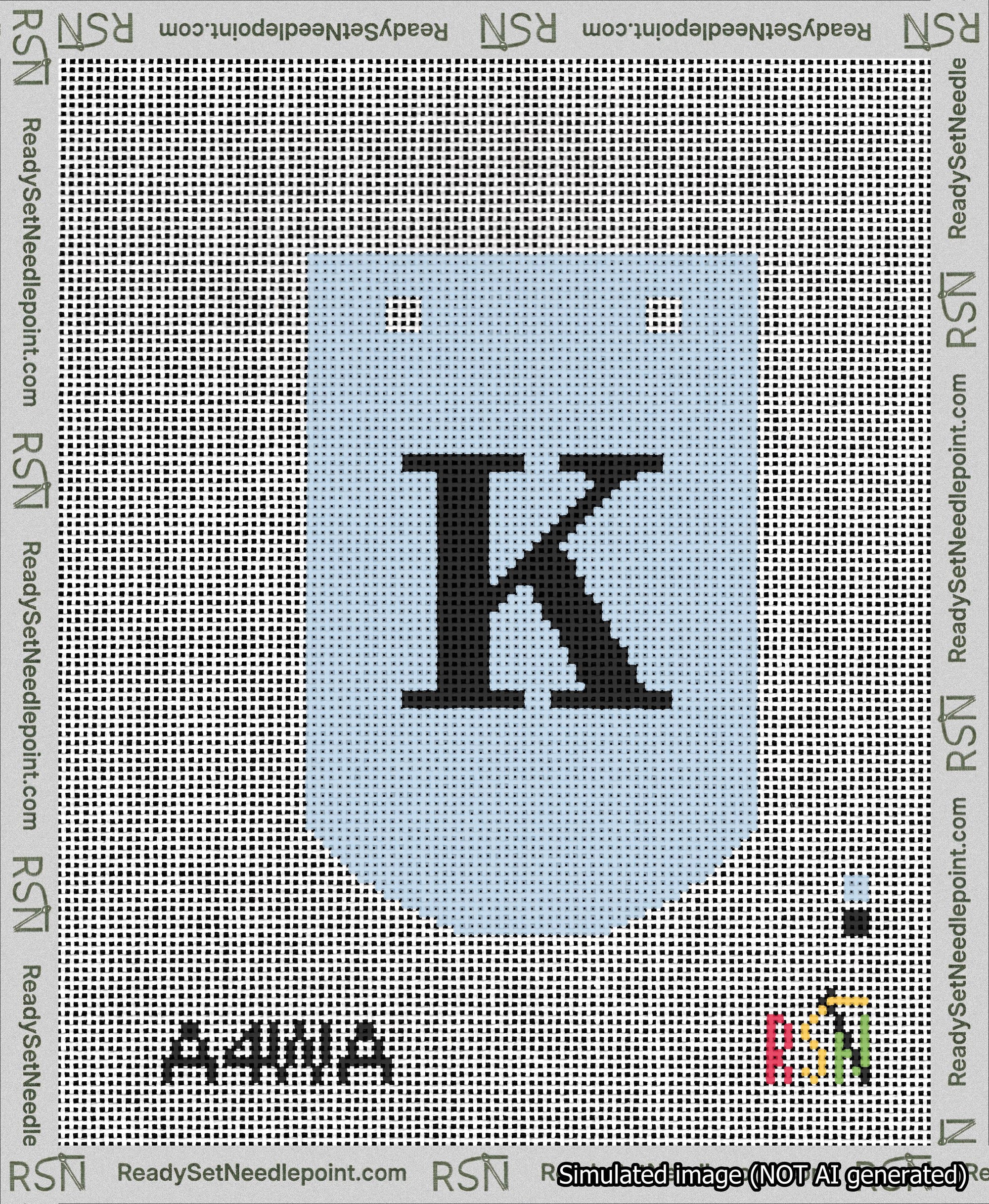 A taped needlepoint canvas with the design: Banner 13 mesh count Curved K Black on Light Blue.
