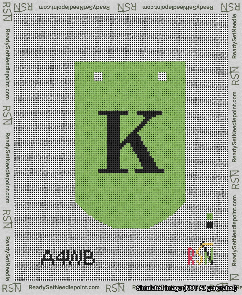 A taped needlepoint canvas with the design: Banner 13 mesh count Curved K Black on Light Green.
