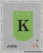 A taped needlepoint canvas with the design: Banner 13 mesh count Curved K Black on Light Green.