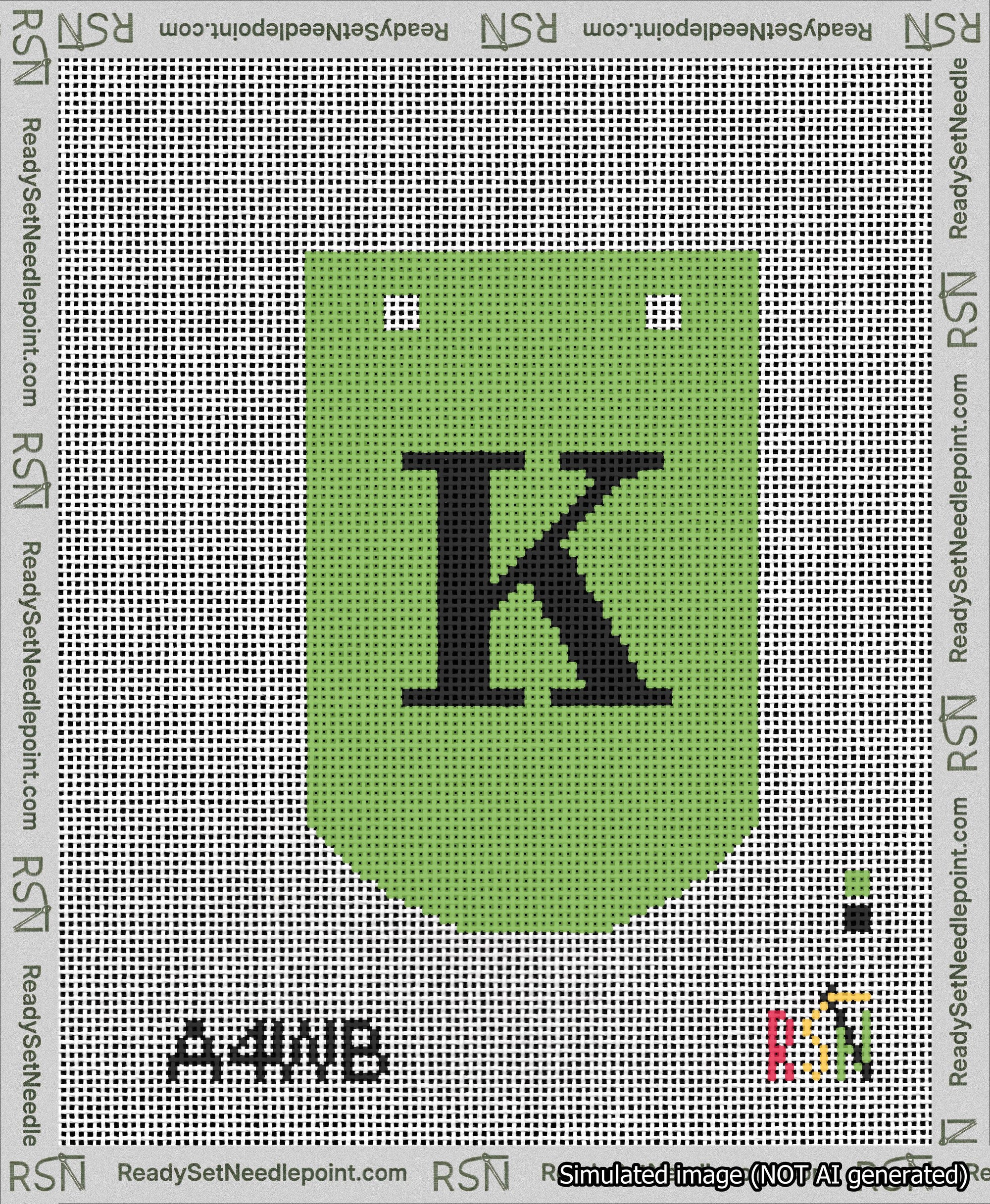 A taped needlepoint canvas with the design: Banner 13 mesh count Curved K Black on Light Green.