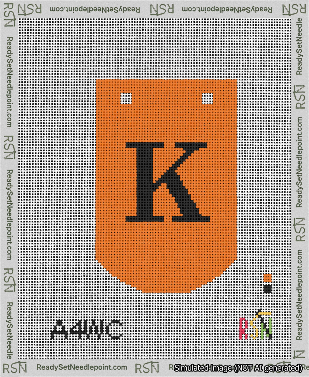 A taped needlepoint canvas with the design: Banner 13 mesh count Curved K Black on Orange.