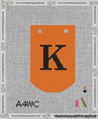 A taped needlepoint canvas with the design: Banner 13 mesh count Curved K Black on Orange.