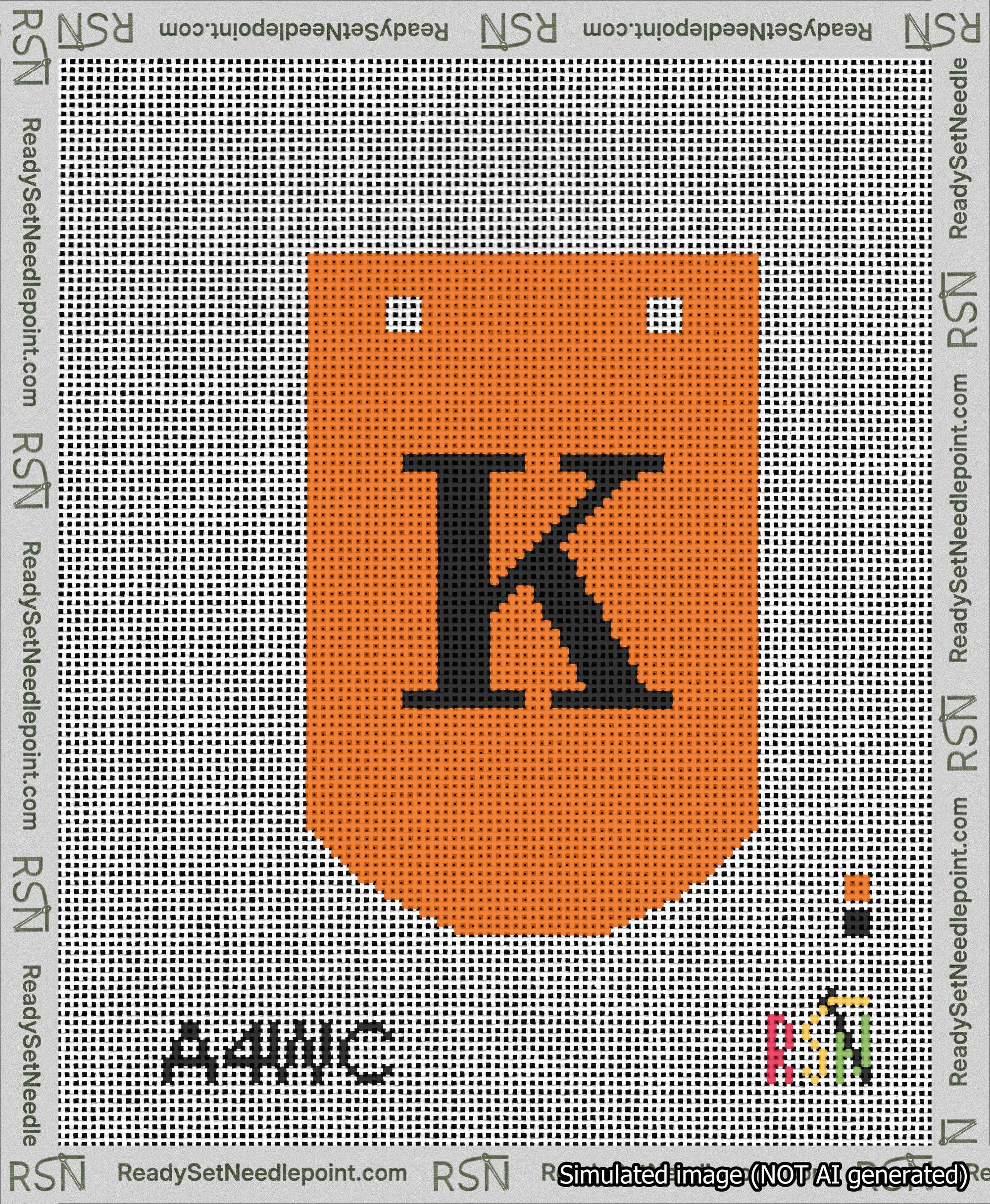 A taped needlepoint canvas with the design: Banner 13 mesh count Curved K Black on Orange.