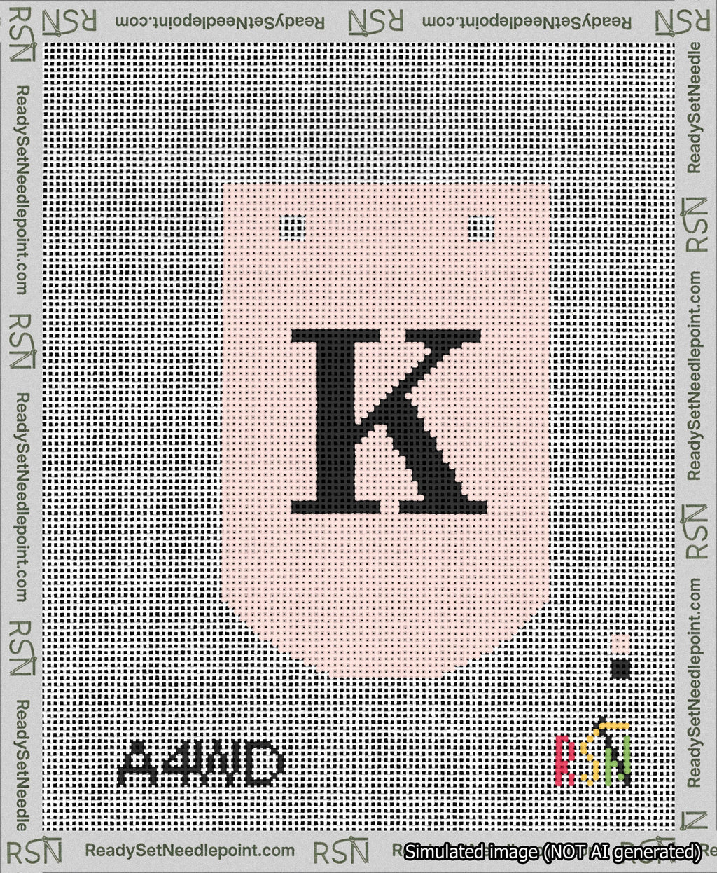 A taped needlepoint canvas with the design: Banner 13 mesh count Curved K Black on Pink.