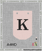 A taped needlepoint canvas with the design: Banner 13 mesh count Curved K Black on Pink.