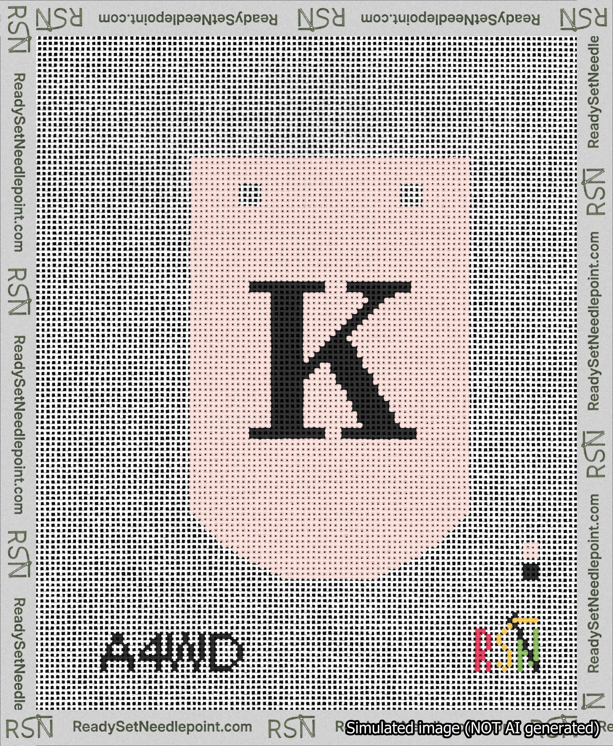 A taped needlepoint canvas with the design: Banner 13 mesh count Curved K Black on Pink.