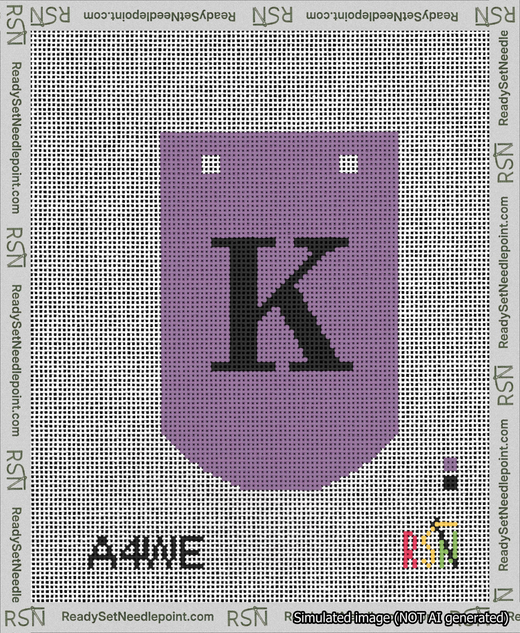 A taped needlepoint canvas with the design: Banner 13 mesh count Curved K Black on Purple.