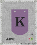 A taped needlepoint canvas with the design: Banner 13 mesh count Curved K Black on Purple.