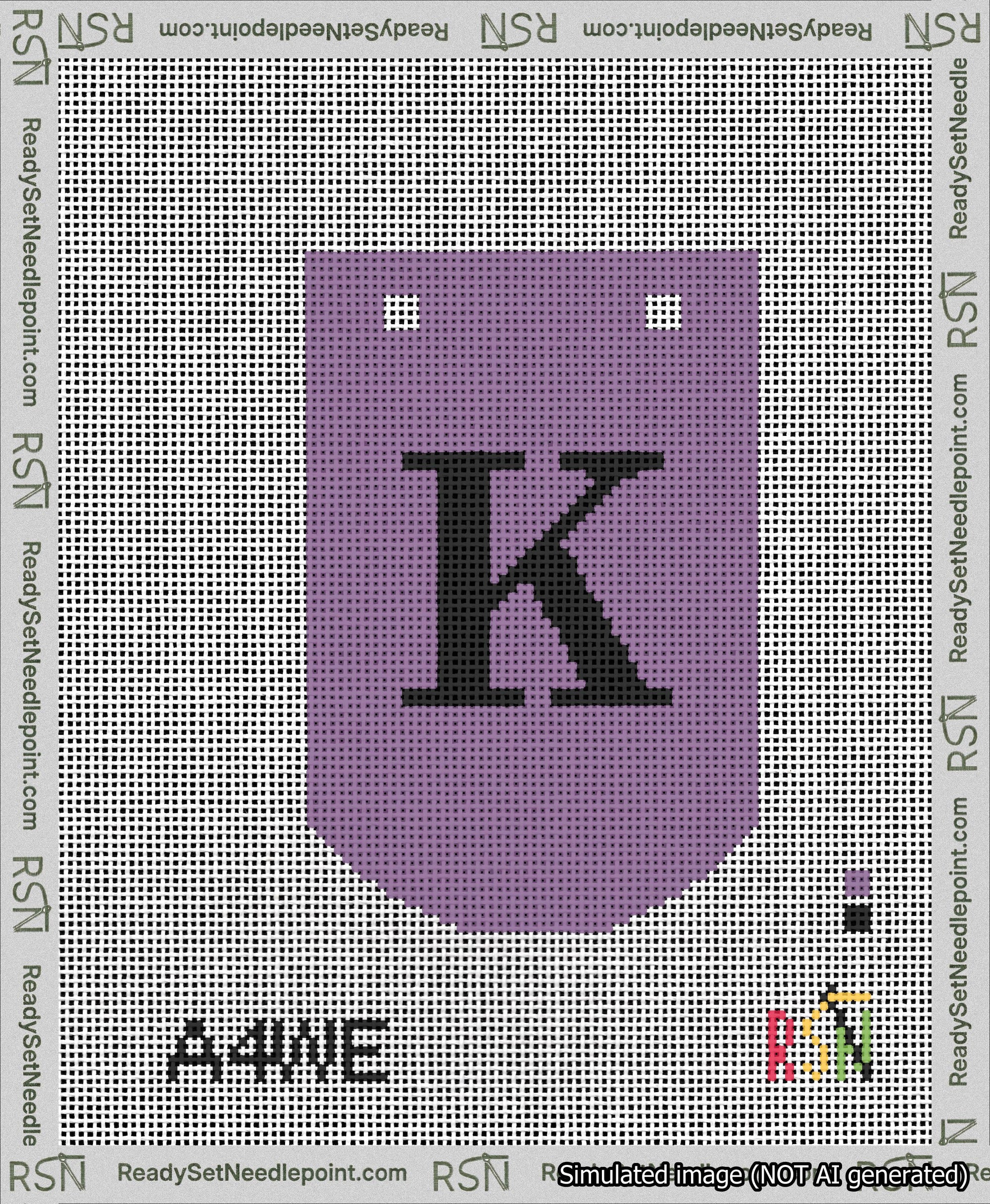 A taped needlepoint canvas with the design: Banner 13 mesh count Curved K Black on Purple.