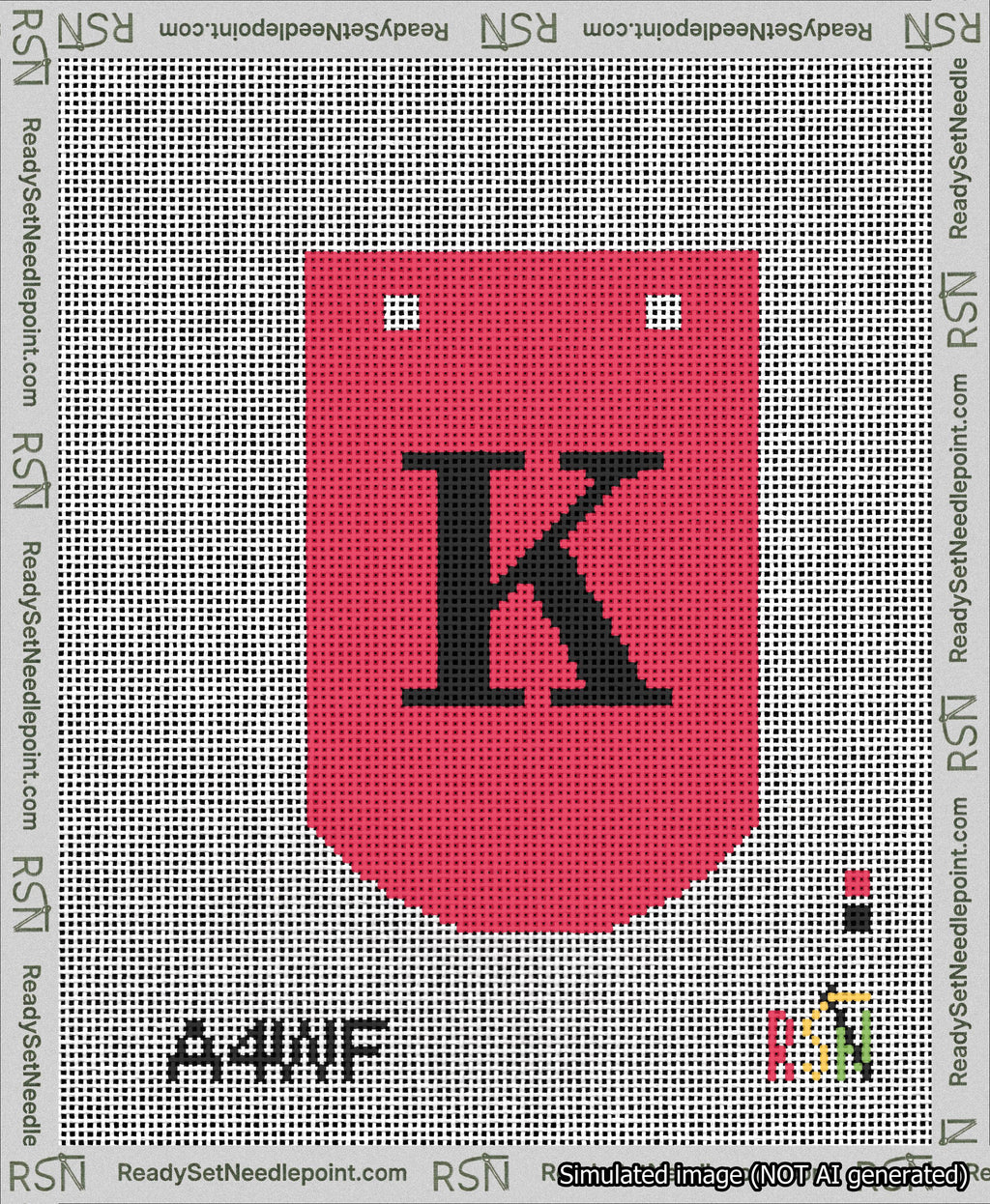 A taped needlepoint canvas with the design: Banner 13 mesh count Curved K Black on Red.