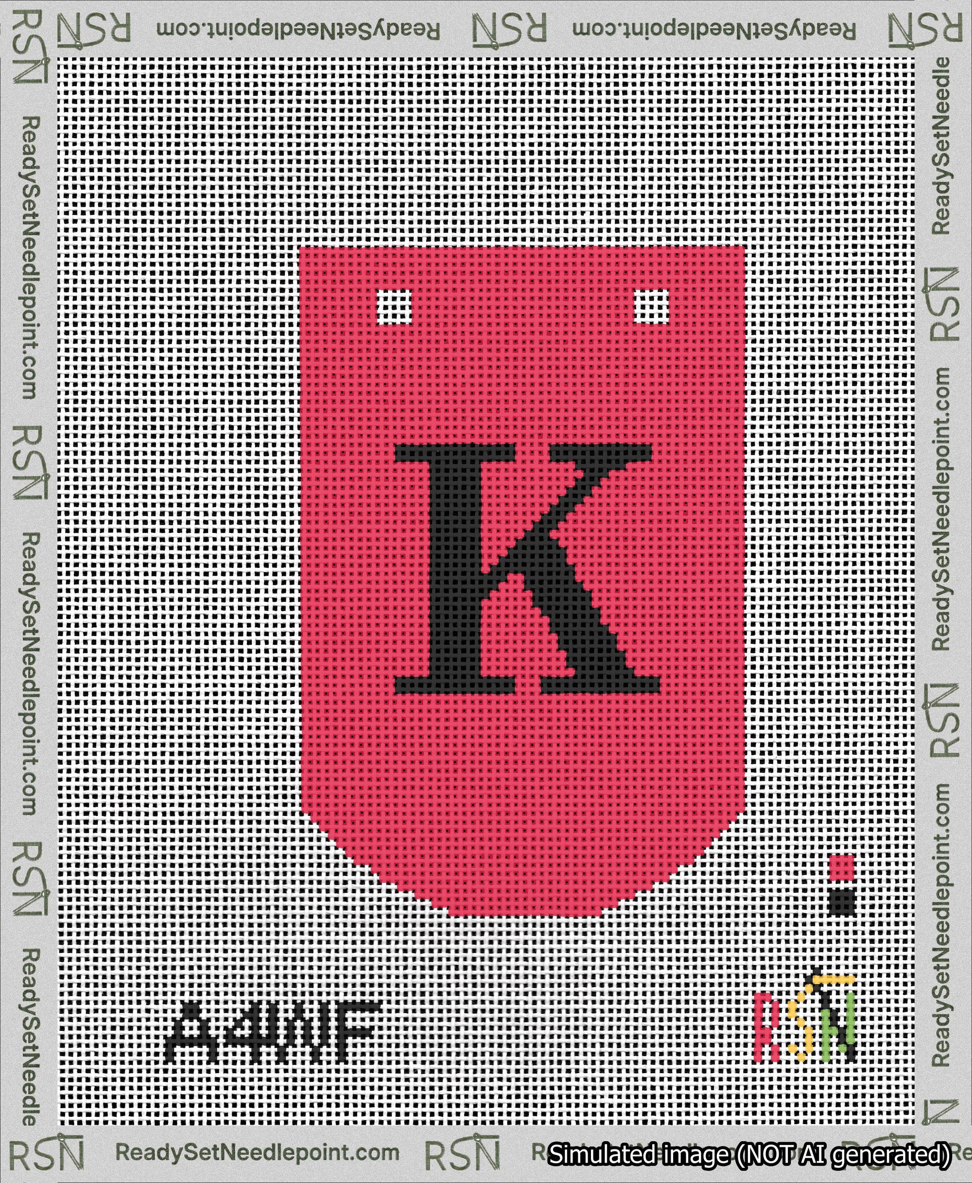 A taped needlepoint canvas with the design: Banner 13 mesh count Curved K Black on Red.