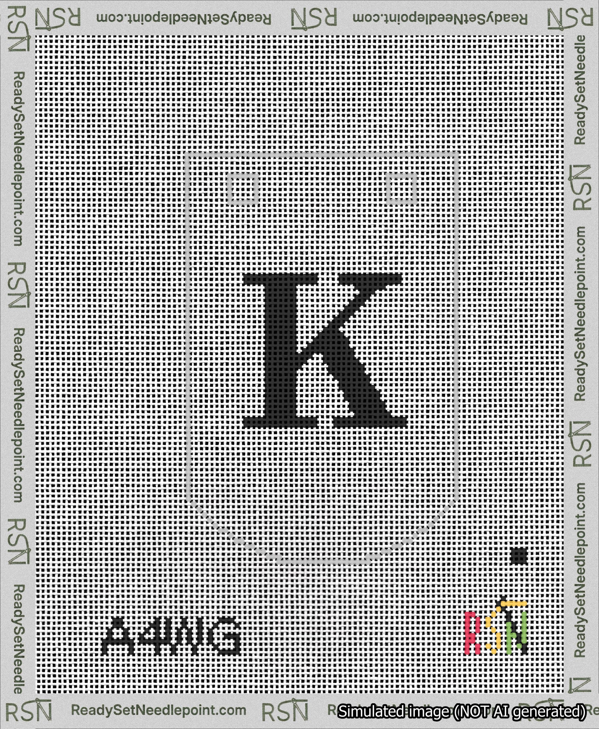 A taped needlepoint canvas with the design: Banner 13 mesh count Curved K Black on White.