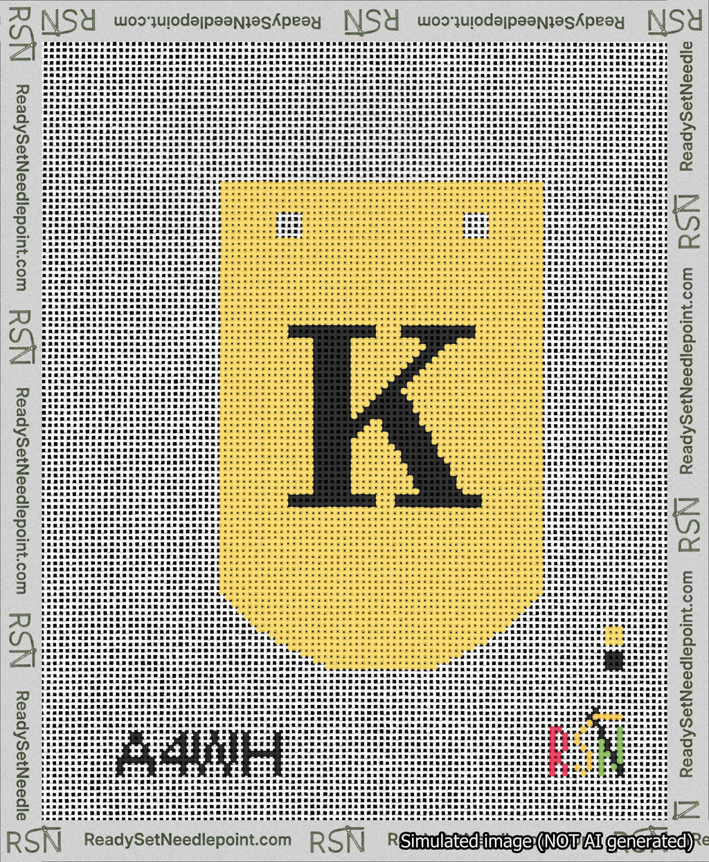 A taped needlepoint canvas with the design: Banner 13 mesh count Curved K Black on Yellow.