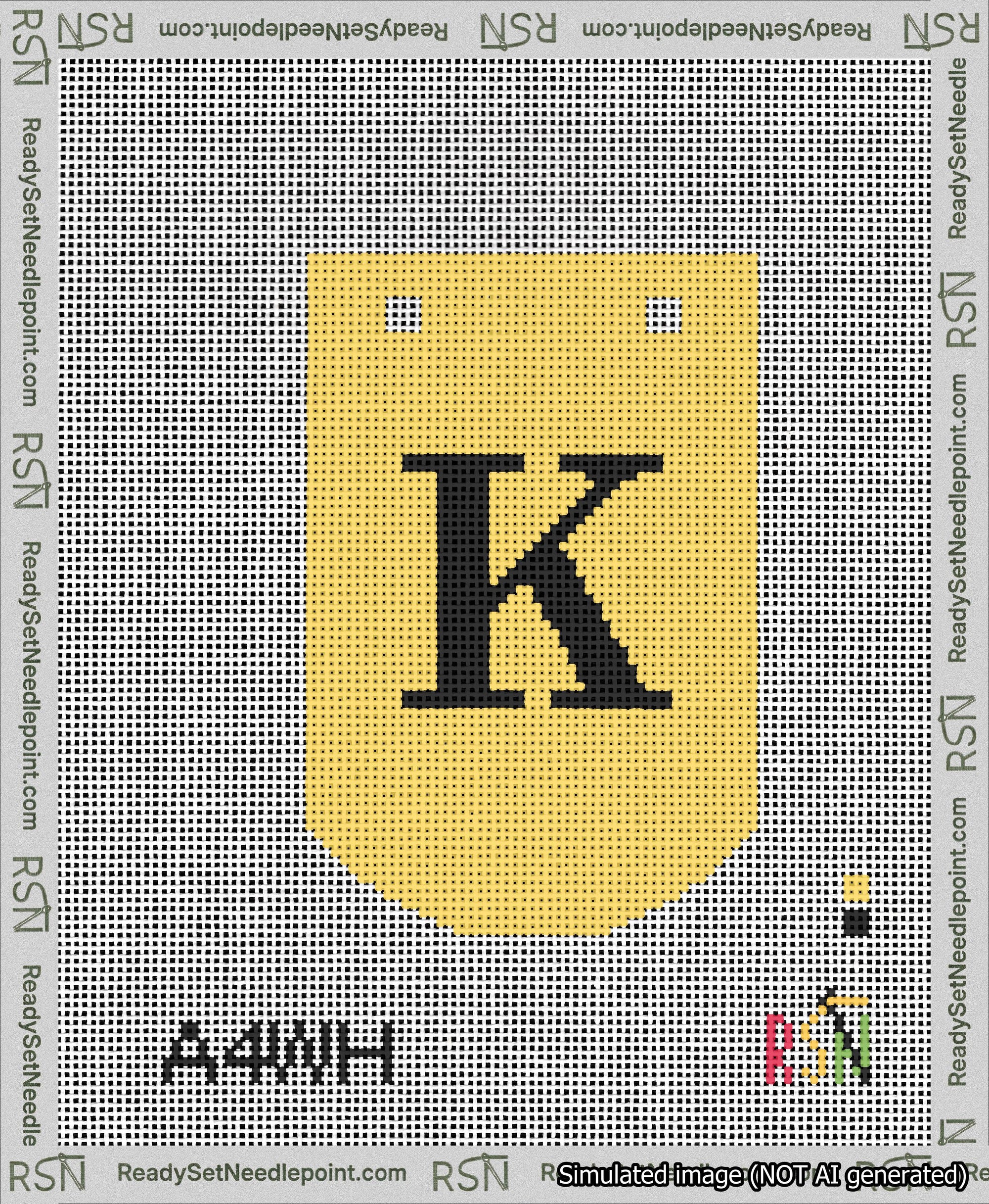 A taped needlepoint canvas with the design: Banner 13 mesh count Curved K Black on Yellow.