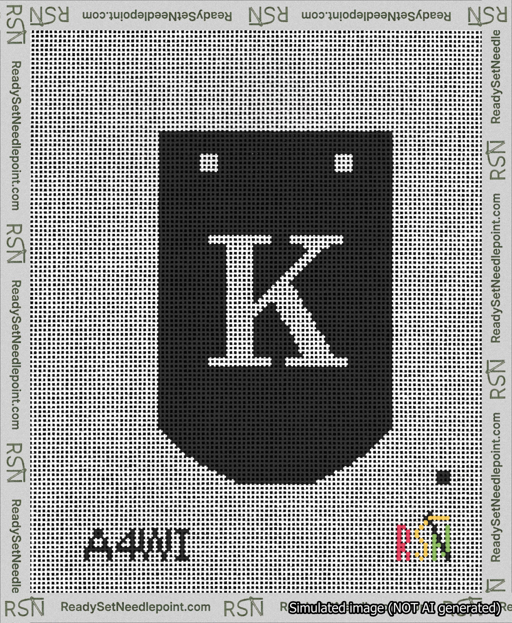 A taped needlepoint canvas with the design: Banner 13 mesh count Curved K White on Black.