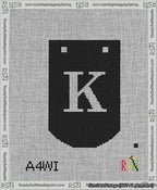 A taped needlepoint canvas with the design: Banner 13 mesh count Curved K White on Black.