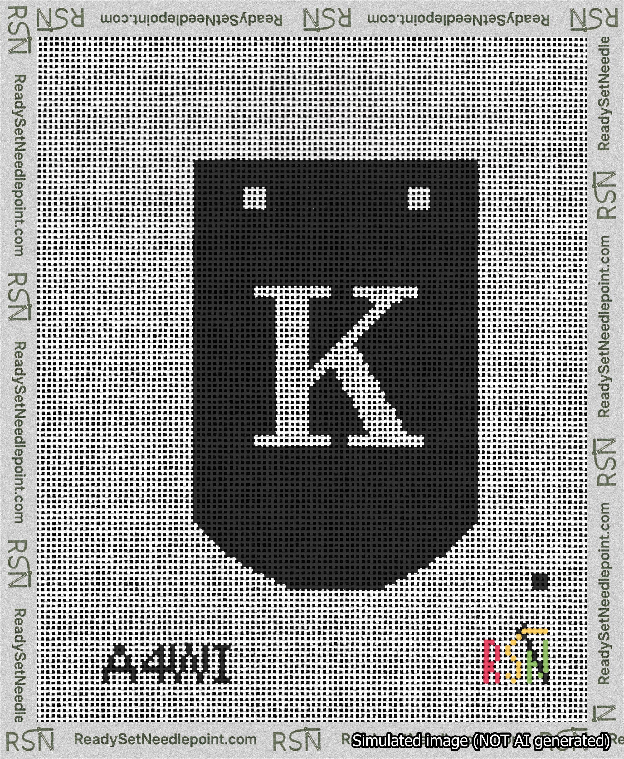 A taped needlepoint canvas with the design: Banner 13 mesh count Curved K White on Black.