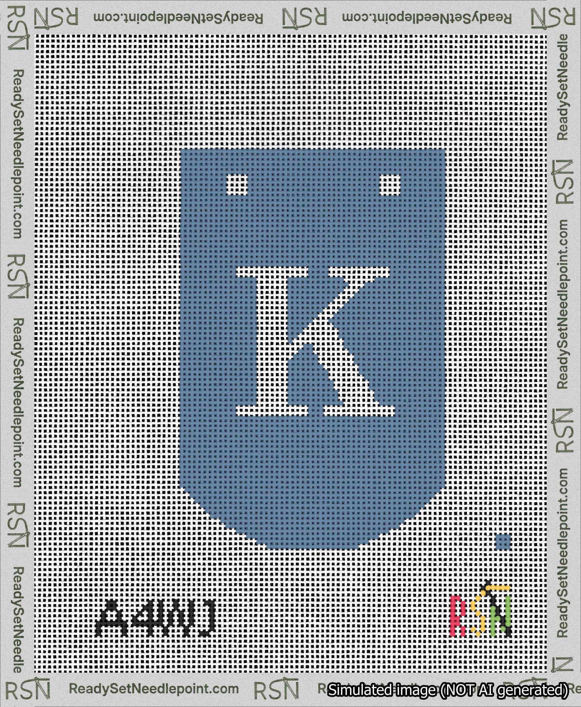 A taped needlepoint canvas with the design: Banner 13 mesh count Curved K White on Blue.