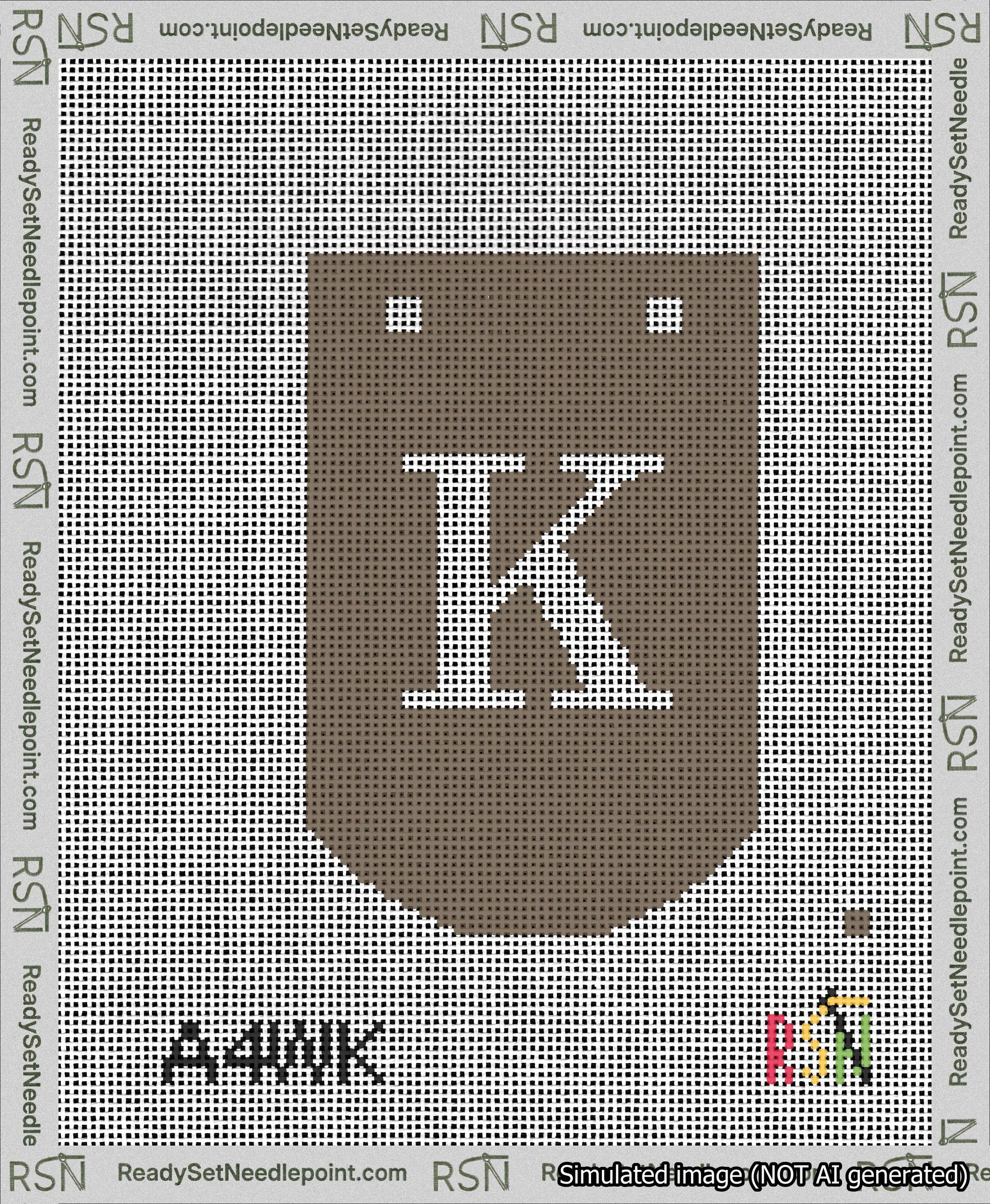 A taped needlepoint canvas with the design: Banner 13 mesh count Curved K White on Brown.