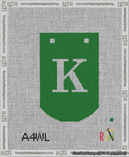 A taped needlepoint canvas with the design: Banner 13 mesh count Curved K White on Green.