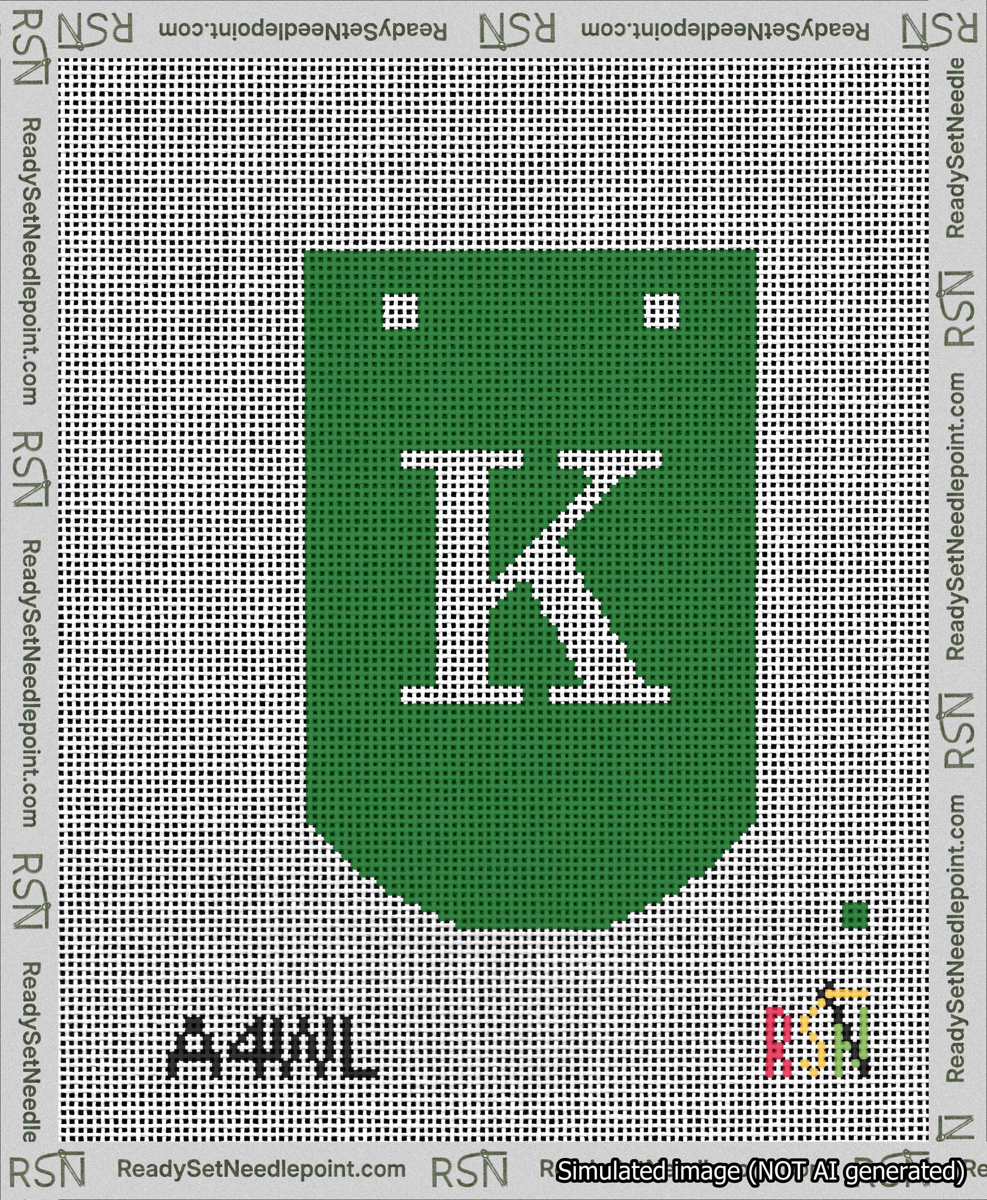 A taped needlepoint canvas with the design: Banner 13 mesh count Curved K White on Green.