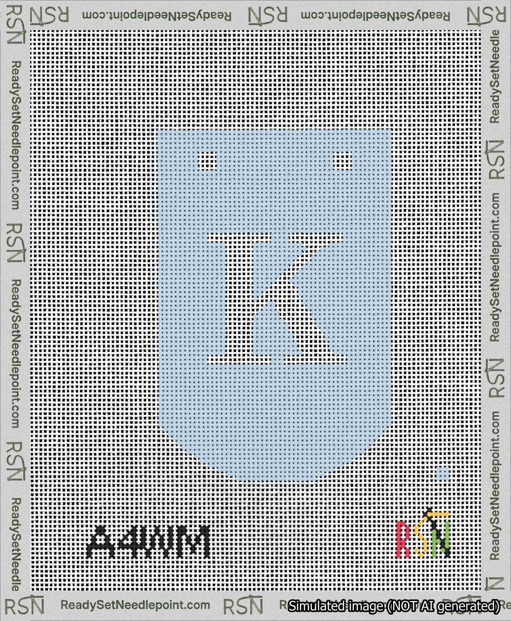 A taped needlepoint canvas with the design: Banner 13 mesh count Curved K White on Light Blue.