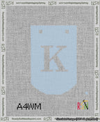A taped needlepoint canvas with the design: Banner 13 mesh count Curved K White on Light Blue.