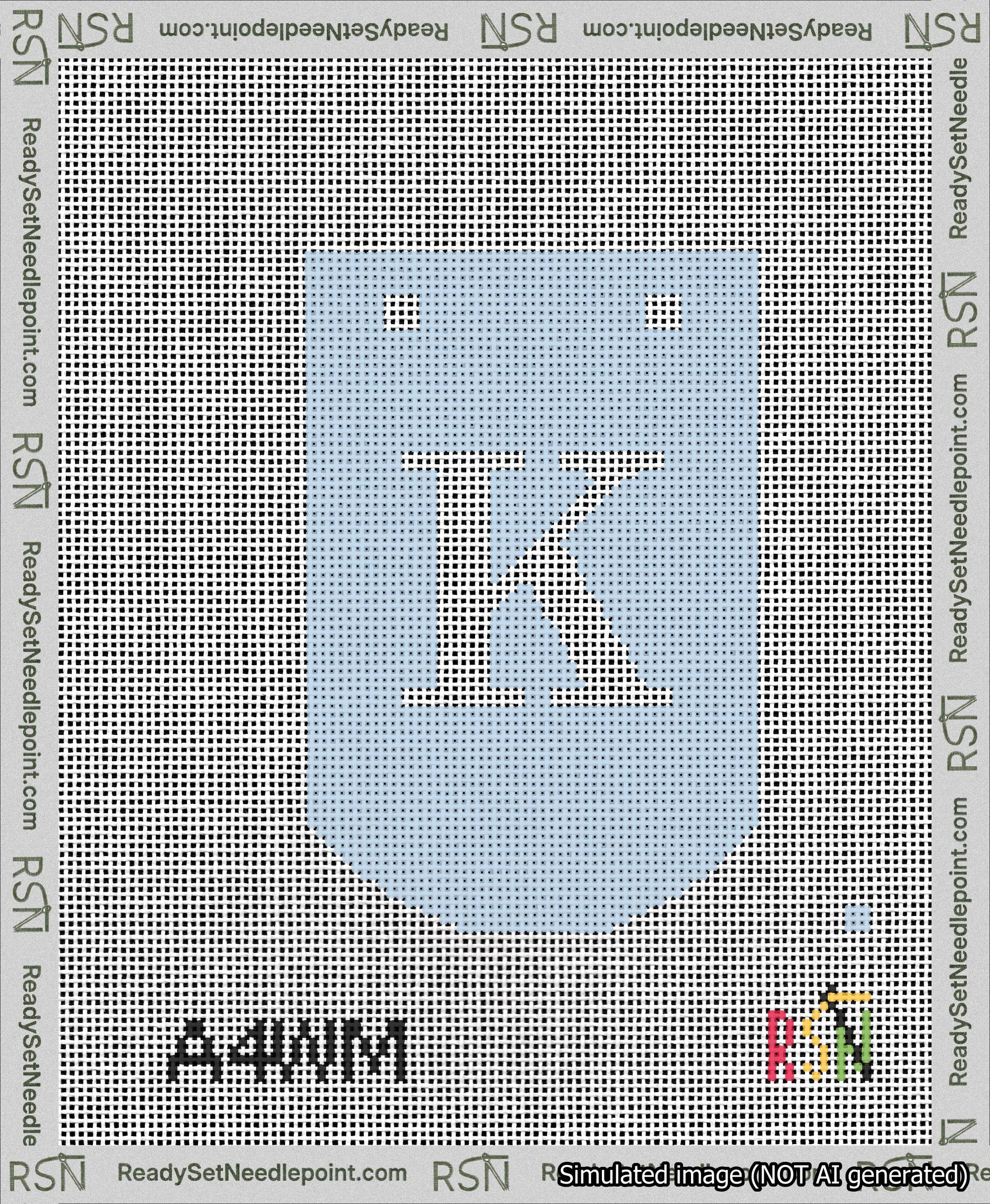 A taped needlepoint canvas with the design: Banner 13 mesh count Curved K White on Light Blue.