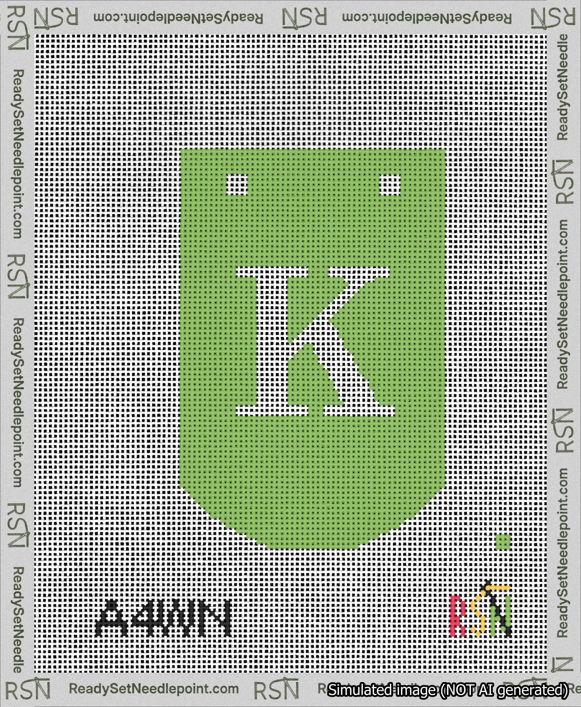 A taped needlepoint canvas with the design: Banner 13 mesh count Curved K White on Light Green.