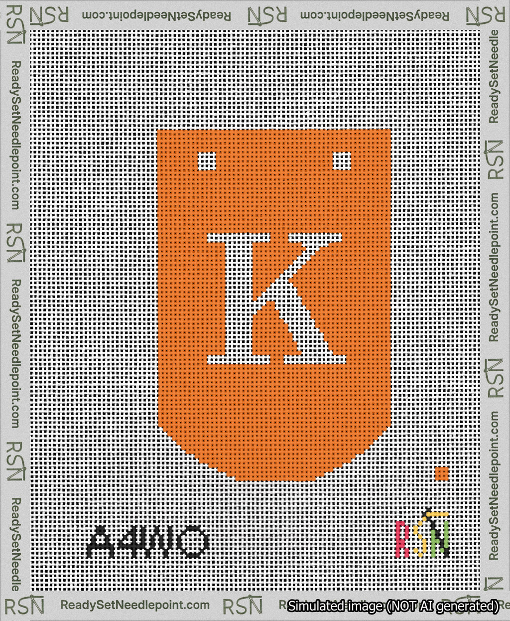 A taped needlepoint canvas with the design: Banner 13 mesh count Curved K White on Orange.