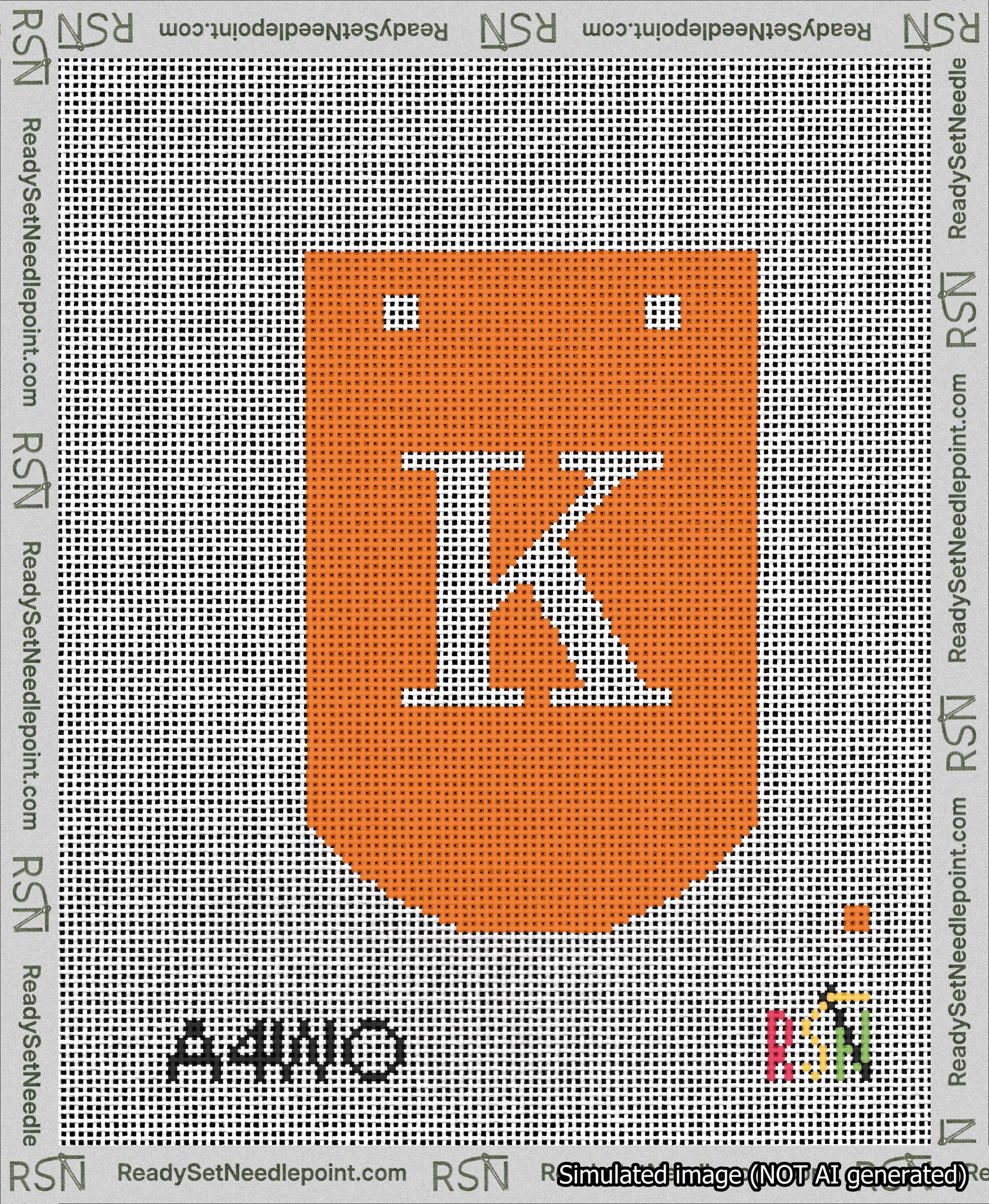 A taped needlepoint canvas with the design: Banner 13 mesh count Curved K White on Orange.