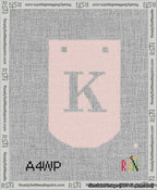 A taped needlepoint canvas with the design: Banner 13 mesh count Curved K White on Pink.