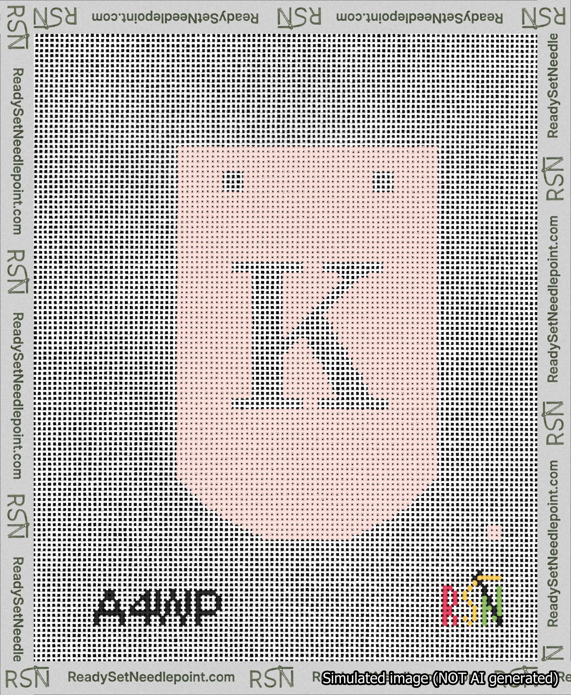 A taped needlepoint canvas with the design: Banner 13 mesh count Curved K White on Pink.