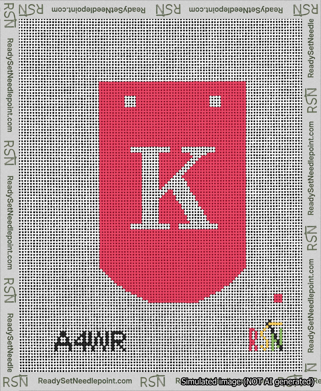A taped needlepoint canvas with the design: Banner 13 mesh count Curved K White on Red.